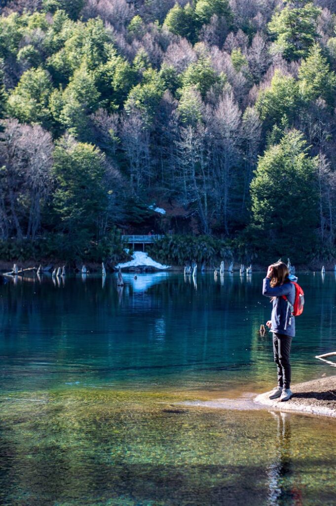 Woman enjoying a peaceful lakeside view in Curacautin, Chile during the day.